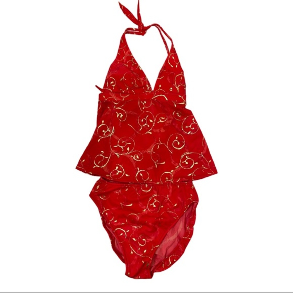 TARA GRINNA Tankini Top 34B/C Bottom 14 Red/Gold Swirl Print Tie Back